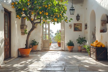 Obraz premium Cozy courtyard interior with stone flooring high resolution image