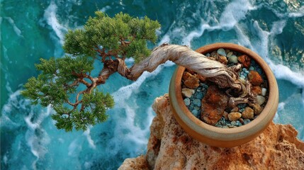 Top-down view of a bonsai tree in a round pot showcasing beautiful symmetry and natural beauty in a calm setting