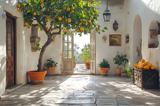 Fototapeta Cozy courtyard interior with stone flooring high resolution image
