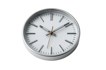 PNG Minimalist silver wall clock with orange second hand on white background