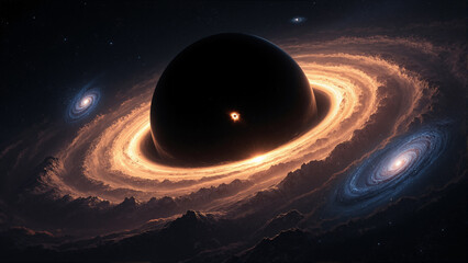 The image shows an artist's impression of a black hole in the center of a spiral galaxy surrounded by hills and stars in the dark night sky.