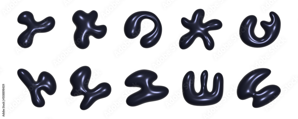 Aufkleber a set of abstract 3d liquid shapes features a variety of smooth forms that exhibit a reflective text