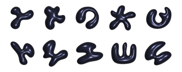 A set of abstract 3d liquid shapes features a variety of smooth forms that exhibit a reflective texture. These designs invite creative applications in digital art, design, and animations.