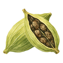 Watercolor illustration of fresh green cardamom pods with seeds for culinary and health purposes