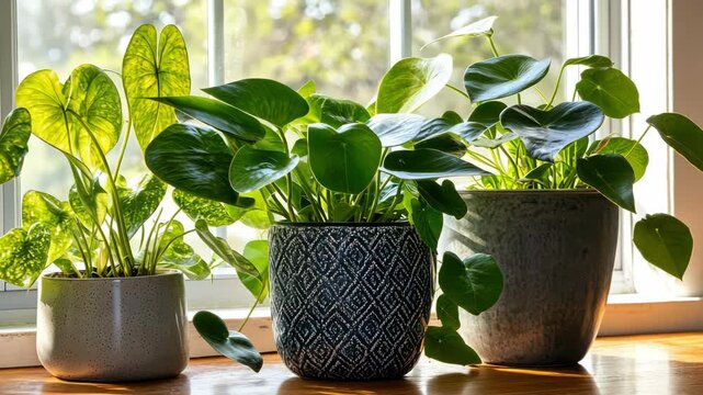 Three potted plants on a windowsill, indoor, with natural light and green leaves, plant, pot, nature, home, interior, and houseplants.