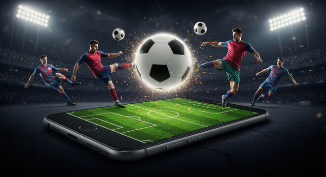 Soccer game concept: Mobile smartphone screen showing virtual stadium with men kicking soccer balls in action, enhanced by stadium lights
