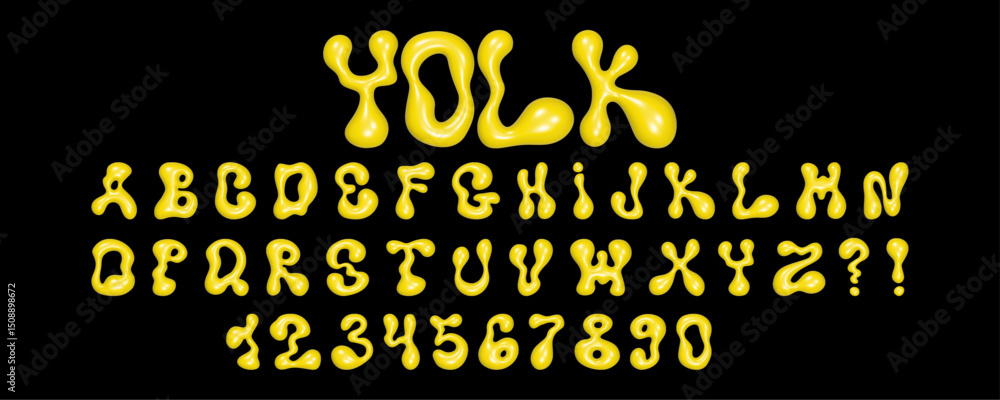 Poster wavy 3d font design showcasing liquid letters and numbers with a glossy reflective texture emphasizi