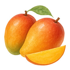 Watercolor illustration of juicy mangoes with leaf and slice on a clean white background