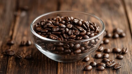 Fototapeta premium Coffee beans in glass bowl on wooden surface with empty space. Dark coffee bean backdrop.