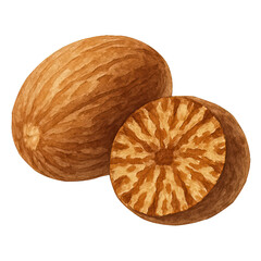 Watercolor illustration of two whole nutmeg spices isolated on a white background
