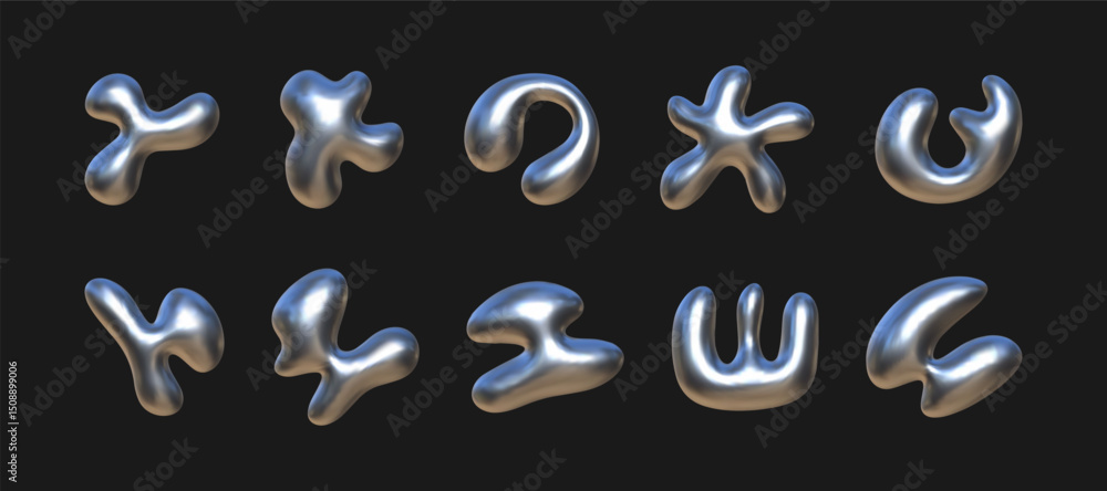 Poster a composition of complex, fluid forms with a shiny metallic surface, arranged artistically to showca