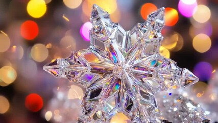 A beautifully crafted crystal snowflake ornament glistening against a colorful, blurred holiday background - Powered by Adobe