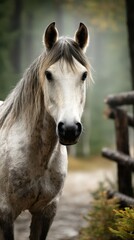 Naklejka premium Majestic white horse standing near a wooden fence in a serene forest during autumn afternoon