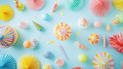 Colorful birthday party arrangement on table viewed from above on light blue backdrop