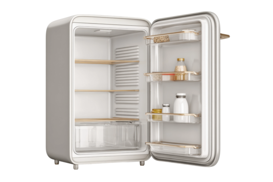 PNG Open retro refrigerator with empty shelves and minimalist design