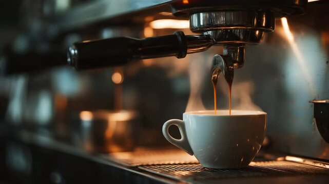 Close-Up of Espresso Machine Brewing Fresh Coffee in a Caf&eacute; Setting