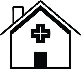 Obraz premium Black outline shows medical center building icon with a cross and chimney