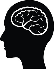Black silhouette shows a white brain within the head facing left on white