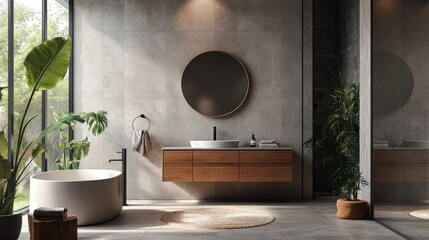 Contemporary bathroom design with wooden furniture, grey stone tiles, and round mirror - Simple and aesthetic interior concept.