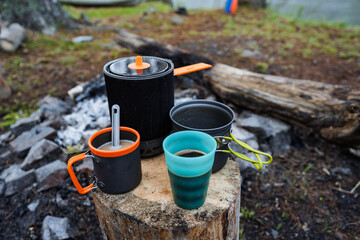 Camping Kitchen Setup Essential Cookware and Cozy Cups around the Campfire to Enhance Your Overall Outdoor Experience and make your adventure enjoyable and memorable as you explore nature
