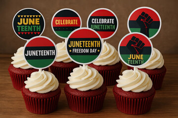 Delicious red velvet cupcakes with Juneteenth celebration toppers  