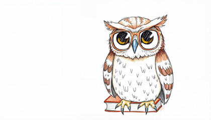 Cartoon owl standing on a book with large expressive eyes  