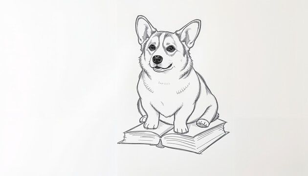 Corgi dog sitting on open book in simple sketch style  