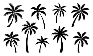  palm trees silhouette vector set in various shapes and sizes, tropical beach design, nature-inspired graphic for summer, island themes, vacation, tropical decoration, exotic outdoor element