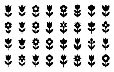 Black silhouette vector set of simple flower icons in various styles and shapes, minimalist botanical design, nature-inspired graphic for spring, garden, floral themes, decorative floral elements
