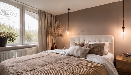 bedroom interior design with a minimalist and trendy style in earthy muted tones