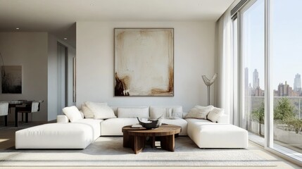 Fototapeta premium Contemporary white-themed living room with sofa, table, large rug, and art on wall