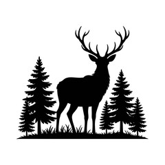 Obraz premium Deer Silhouette with Pine Trees Vector, Wildlife Nature Scene Clipart on a white background