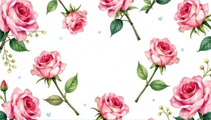 Delicate watercolor roses & leaves, repeating seamlessly , flowers, texture, red