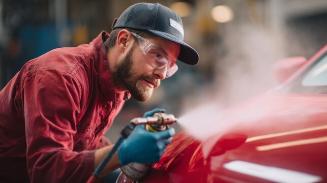 A skilled car painter carefully applies a vibrant coat of red paint to a vehicle in an auto body shop, demonstrating precision and attention to detail in the bright work environment