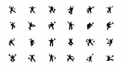 Naklejka premium Collection of stylized black silhouette figures in various poses with star accents scattered around them |eps vectors