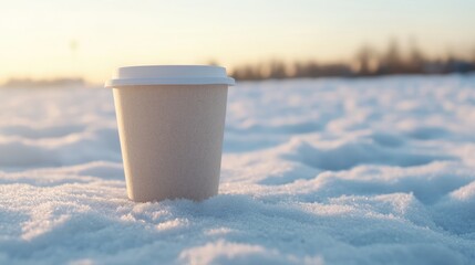 Eco-friendly paper cup with hot drink in snowy field.