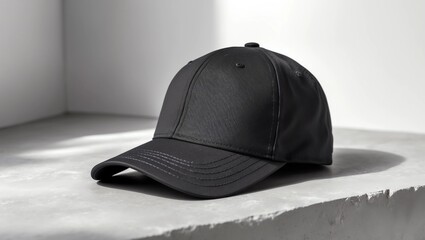 Black cap on table against white background. Mockup for design 