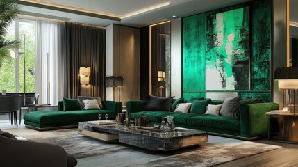 Fototapeta premium Elegant emerald and gray living room with abstract wall art