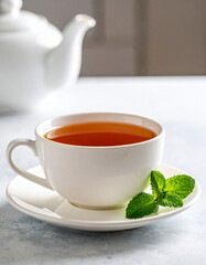 Cup of hot black tea with mint leaves on table. Delicious beverage. Tasty drink.