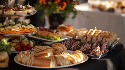 Naklejka premium Elegantly adorned banquet table featuring a variety of snacks and sandwiches at a festive corporate event.