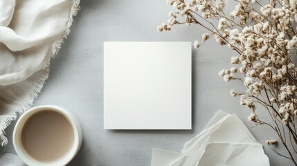 Empty square greeting card mockup on grey background for festive occasions template.