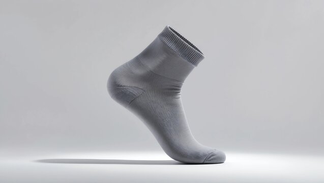 Blank grey cotton short sock on invisible foot on white background as mock up for advertising, branding, design, side view, template 