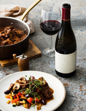beef bourguignon and wine