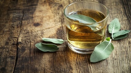 Fresh sage herbal tea with leaves in a clear glass on wooden surface. Promoting natural medicine and herb wellness. Empty space available