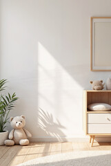 Empty wooden table in baby room. Space for text
