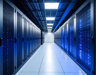 Long corridor of server racks in a data center, illuminated with blue lights