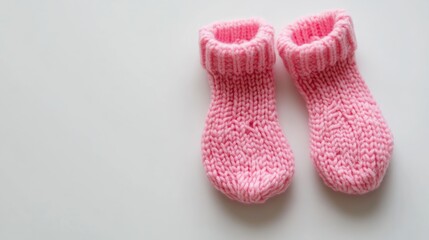 Handmade pink baby socks on white background for motherhood concept