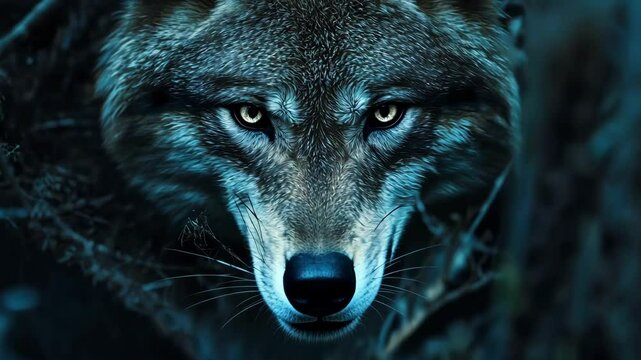 Close up of a powerful Wolf with glowing eyes hiding in the dark, night forest. Animal wildlife predator with a mysterious gaze.