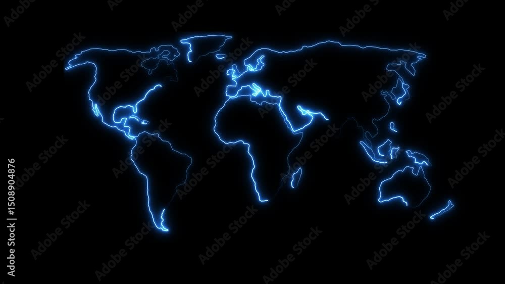 Poster neon glowing cyan world map icon animation in black background, neon world map digital world concept