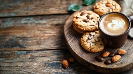 Obraz premium Italian Almond Cookie and Coffee on Wooden Background, Close-Up Shot with Space for Text.